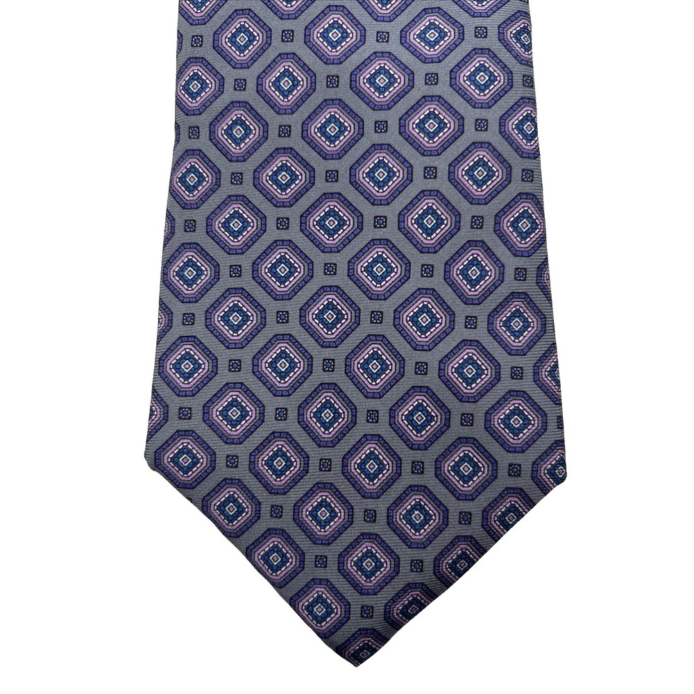 Oakton Ltd Men's 100% Silk Neck Tie, Geometric Purple, Pink, Blue On Gray Formal